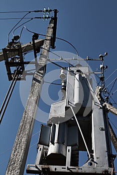 Transformer substation against a blue sky