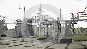 Transformer substation. High-voltage SF6 circuit breaker. Circuit breaker high voltage. Part of high-voltage substation