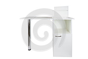 Transformer table with shelf on white isolated background in the unfolded state. Folding white furniture