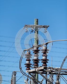 Transformers poles and insulators at a power electrical sub station