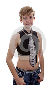 Transgender boy is showing binder and neck tie