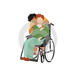 Transgender interracial couple, dark-complexioned person is hugging a disabled fair-skinned partner sitting in wheelchair