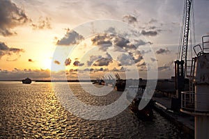 Transhipment terminal for discharging cement cargo by shore cranes. A view of berths with cargo ships and the water area of the po