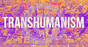 Transhumanism concept with neural network gradient city background