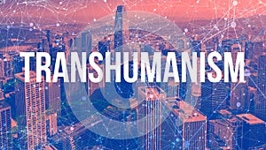 Transhumanism theme with abstract network patterns and skyscrapers