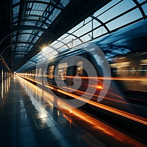 Transient rush Motion blur frames high speed trains passage through bustling station