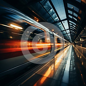 Transient rush Motion blur frames high speed trains passage through bustling station