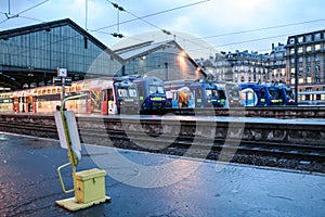 Transilien Suburban trains from SNCF company ready to leave from Paris Saint Lazare Train station for a commuter service in peak