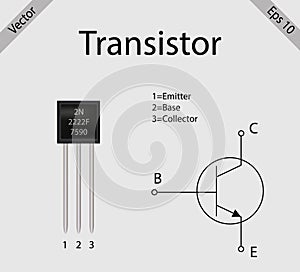 Transistor electronic component with its symbol diagram vector illustration.