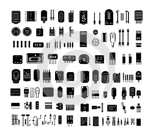 Transistor electronic component vector icon set. Circuit conductor semiconductor motherboard diode resistor