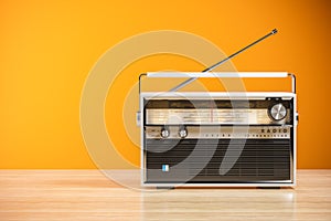 Transistor radio receiver on wood table in home interior. 3d