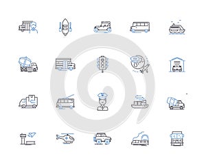 Transit system line icons collection. Commute, Transportation, Metro, Bus, Train, Subway, Tram vector and linear