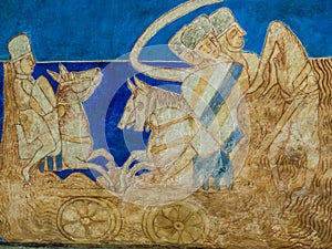 The transition of the Red Sea with soldiers and horses. An medieval fresco