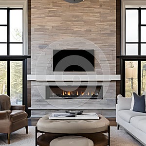 11 A transitional-style living room with a mix of wooden and neutral finishes, a classic fireplace mantel, and a mix of patterne