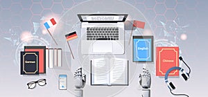 Translate bot at workplace modern robot translating text document translation artificial intelligence concept top angle