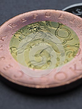 Translation: 50 crowns Czech Republic. Vertical coin illustration for news about economy or koruna. Czech coins closeup lie on a