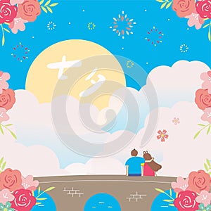 Translation- Chinese Valentine`s Day, the Cowherd and the Weaver Girl are dating on the bridge, Taiwan`s Holiday