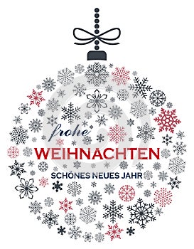 Christmas bauble vector. Snowflakes, hanger and German Christmas greetings on white background.