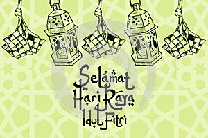 Translation: Happy Eid Mubarak. Selamat Hari Raya Idul Fitri. set of logo for Eid al-Fitr vector illustration.