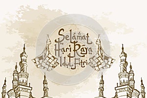 Translation: Happy Eid Mubarak. Selamat Hari Raya Idul Fitri. set of logo for Eid al-Fitr vector illustration.