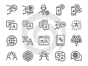 Translation line icon set. Included the icons as translate, translator, language, bilingual, dictionary, communication, bi-racial