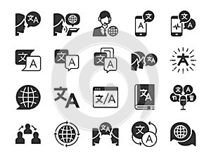 Translation line icon set. Included the icons as translate, translator, language, bilingual, dictionary, communication, bi-racial