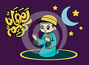 Translation Ramadan Kareem in arabic language greeting card design with a kid praying