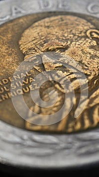 Translation: Republic of Chile. Coin of 500 Chilean pesos closeup. Peso of Chile. News about economy or banking. Loan and credit.