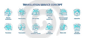 Translation service blue concept icons set. Foreign language translation idea thin line illustrations. DTP services and