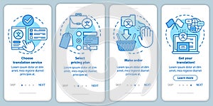 Translation service process blue onboarding mobile app page screen with linear concepts. Select pricing plan, make order