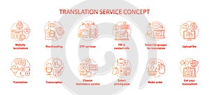 Translation service red concept icons set. Foreign language translation idea thin line illustrations. DTP services and