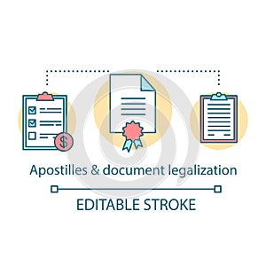 Translation services concept icon. Apostilles and document legalization idea thin line illustration. Legal paper and photo