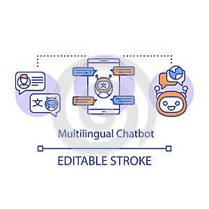 Translation services concept icon. Multilingual machine chatbot idea thin line illustration. AI powered messenger