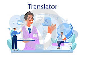 Translator concept. Linguist translating document, books and speach.