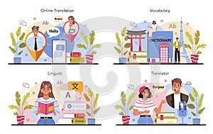 Translator concept set. Linguist translating document, books and speach.