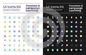 Translator and language learning flat color ui icons set for dark, light mode