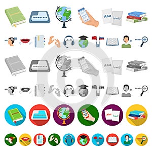 Translator and linguist cartoon icons in set collection for design. Interpreter vector symbol stock web illustration.