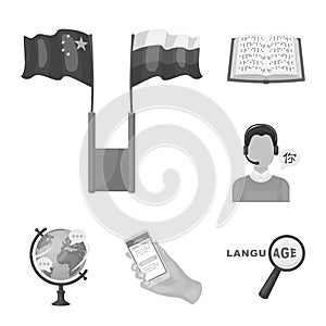 Translator and linguist monochrome icons in set collection for design. Interpreter vector symbol stock web illustration.