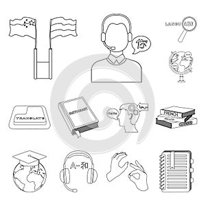 Translator and linguist outline icons in set collection for design. Interpreter vector symbol stock web illustration.