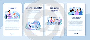 Translator mobile application banner set. Linguist translating document