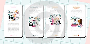 Translator mobile application banner set. Linguist translating document