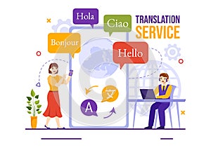 Translator Service Vector Illustration with Language Translation Various Countries and Multilanguage Using Dictionary