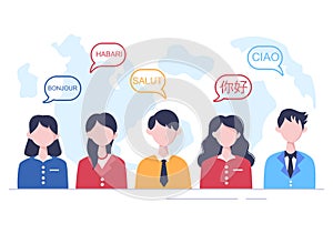 Translator or Translation Language Illustration. Say hello in Different Countries and Multilingual International Communication