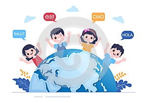 Translator or Translation Language Illustration. Say hello in Different Countries and Multilingual International Communication