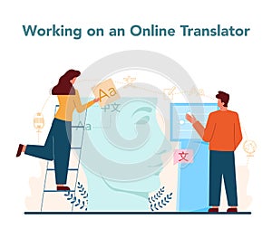 Translator and translation service concept. Linguist translating document,