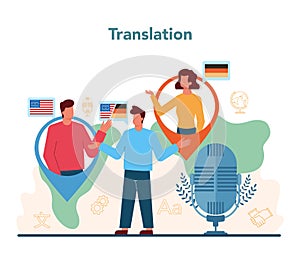 Translator and translation service concept. Linguist translating document,