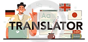 Translator typographic header. Linguist translating document, books