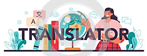 Translator typographic header. Linguist translating document, books