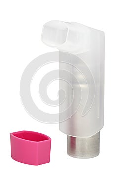 Translucent asthma inhaler with pink hood