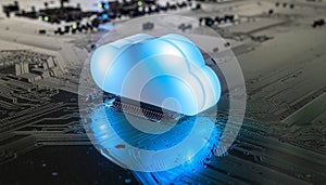 Translucent Blue Cloud Icon on a Dark Circuit Board computing technology